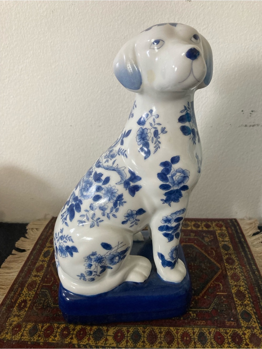 Andrea By Sadek Blue and White Floral Ceramic Dog Figurine